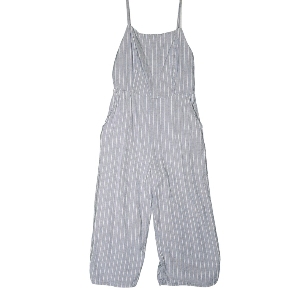 Old Navy Lilac White Striped Linen Blend Wide Leg Jumpsuit Large Smocked Back